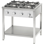 Stalgast Edelstahl Gasherd Serie 900, 4-Brenner (3,5+2x5+7), 20,5 kW, G20, 900x900x850 mm (BxTxH)