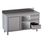 Vaiotec Topline Gastro-Arbeitsschrank, 1 Flügeltür, 3 Schubladen rechts & Aufkantung, 1200 × 600 mm