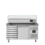 Vaiotec Gastro-Pizzakühltisch, 1-türig & 7 Schubladen grau inkl. Gastro-Kühlaufsatz GN 1/4, 1510 × 800 mm