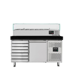 Vaiotec Gastro-Pizzakühltisch, 1-türig & 7 Schubladen schwarz inkl. Gastro-Kühlaufsatz GN 1/4, 1510 × 800 mm