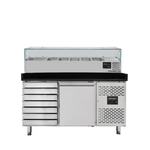 Vaiotec Gastro-Pizzakühltisch, 1-türig & 7 Schubladen schwarz inkl. Gastro-Kühlaufsatz GN 1/3, 1510 × 800 mm
