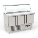Vaiotec Topline Gastro-Saladette, 3-fach mit Türen, Glasaufsatz schräg, GN 1/6 & 1/9, 1375 × 700 mm