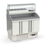 Vaiotec Topline Gastro-Pizzatisch, 3-fach mit Türen, Extravolumen, Granitplatte grau, inkl. Gastro-Kühlaufsatz, GN 1/4, 1370 × 700 mm