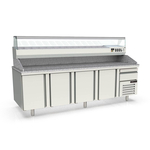 Vaiotec Topline Gastro-Pizzatisch, 4-fach mit Türen, EN 60x40, Schublade, Granitplatte grau, inkl. Gastro-Kühlaufsatz, GN 1/4, 2615 × 800 mm