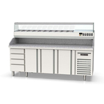 Vaiotec Topline Gastro-Pizzatisch, 4-fach mit 3 Türen, Schubladenblock, Granitplatte grau, inkl. Gastro-Kühlaufsatz, GN 1/4, 2245 × 700 mm