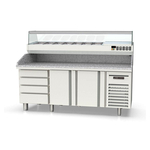 Vaiotec Topline Gastro-Pizzatisch, 3-fach mit 2 Türen, EN 60x40, Schubladenblock, Granitplatte grau, inkl. Gastro-Kühlaufsatz, GN 1/4, 2020 × 800 mm