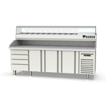 Vaiotec Topline Gastro-Pizzatisch, 4-fach mit 3 Türen, EN 60x40, Schubladenblock, Granitplatte grau, inkl. Gastro-Kühlaufsatz, GN 1/4, 2545 × 800 mm