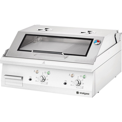 Stalgast Edelstahl Elektro-Griddleplatte als Tischgerät mit Deckel, 800x700 mm, ½ glatte/½ gerillte Grillfläche, Serie 700 ND