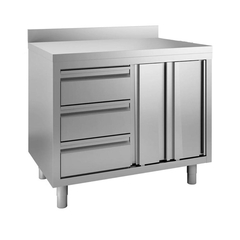 Vaiotec Topline Arbeitsschrank / Flügeltüren, 3 Schubladen links & Aufkantung, 1400 x 700 mm