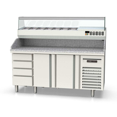 Vaiotec Topline Pizzatisch / 3-fach mit 2 Türen, Schubladenblock, Granitplatte grau, inkl. Kühlaufsatz, GN 1/4, 1795 x 700 mm