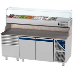 Prismafood Kühltisch 2 Türen & 4er Schubladenblock & Schaukasten GN 1/4 Kapazität: 606 lt Temperatur: 0°C/+10°C