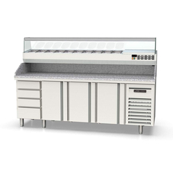 Vaiotec Topline Pizzatisch / 4-fach mit 3 Türen, Schubladenblock, Granitplatte grau, inkl. Kühlaufsatz, GN 1/4, 2245 x 700 mm