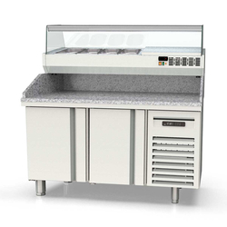 Vaiotec Topline Pizzatisch / 2-fach mit Türen, Granitplatte grau, inkl. Kühlaufsatz, GN 1/4, 1495 x 600 mm