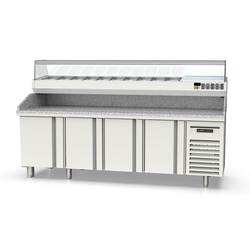 Vaiotec Topline Pizzatisch / 4-fach mit Türen, EN 60x40, Granitplatte grau, inkl. Kühlaufsatz, GN 1/4, 2545 x 800 mm