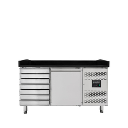 Vaiotec Gastro-Pizzakühltisch, 1-türig & 7 Schubladen schwarz, 1510 × 800 mm