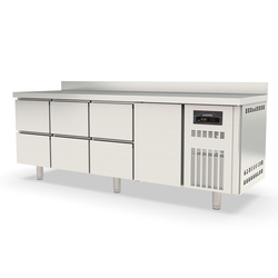 Vaiotec Topline Gastro-Kühltisch, 4-fach GN 1/1 mit 6 Schubladen, 1 Tür & Aufkantung, 2245 × 700 mm