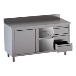 Vaiotec Topline Gastro-Arbeitsschrank, 2 Schiebetüren, 3 Schubladen rechts & Aufkantung, 1500 × 700 mm