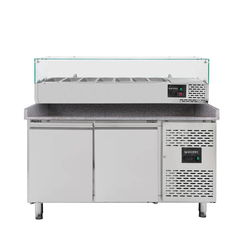 Vaiotec Gastro-Pizzakühltisch, 2-türig grau inkl. Gastro-Kühlaufsatz GN 1/4, 1510 × 800 mm