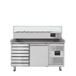 Vaiotec Gastro-Pizzakühltisch, 1-türig & 7 Schubladen grau inkl. Gastro-Kühlaufsatz GN 1/4, 1510 × 800 mm