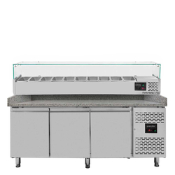 Vaiotec Gastro-Pizzakühltisch, 3-türig grau inkl. Gastro-Kühlaufsatz GN 1/4, 2020 × 800 mm