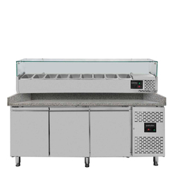 Vaiotec Gastro-Pizzakühltisch, 3-türig grau inkl. Gastro-Kühlaufsatz GN 1/3, 2020 × 800 mm