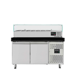 Vaiotec Gastro-Pizzakühltisch, 2-türig schwarz inkl. Gastro-Kühlaufsatz GN 1/4, 1510 × 800 mm