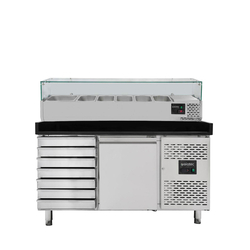 Vaiotec Gastro-Pizzakühltisch, 1-türig & 7 Schubladen schwarz inkl. Gastro-Kühlaufsatz GN 1/3, 1510 × 800 mm