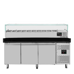 Vaiotec Gastro-Pizzakühltisch, 3-türig schwarz inkl. Gastro-Kühlaufsatz GN 1/4, 2020 × 800 mm