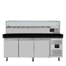 Vaiotec Gastro-Pizzakühltisch, 3-türig schwarz inkl. Gastro-Kühlaufsatz GN 1/3, 2020 × 800 mm