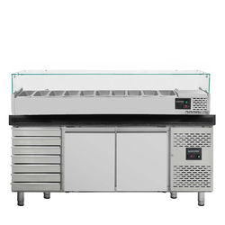 Vaiotec Gastro-Pizzakühltisch, 2-türig & 7 Schubladen schwarz inkl. Gastro-Kühlaufsatz GN 1/4, 2020 × 800 mm