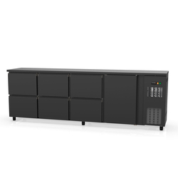 Vaiotec Topline Gastro-Barkühltisch schwarz, 1 Tür & 6 Schubladen, 2565 × 530 mm