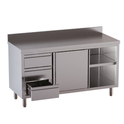 Vaiotec Topline Gastro-Arbeitsschrank, 1 Flügeltür, 3 Schubladen links & Aufkantung, 1200 × 700 mm