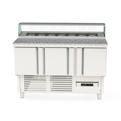 Vaiotec Topline Gastro-Belegstation, 3-fach mit Türen, eckiger Glasaufsatz, GN 1/6, 1375 × 700 mm