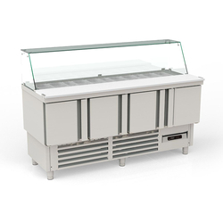 Vaiotec Topline Gastro-Saladette, 4-fach mit Türen, Glasaufsatz schräg, GN 1/6 & 1/9, 1825 × 700 mm