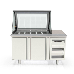 Vaiotec Topline Gastro-Zubereitungstisch, 2-fach mit Türen, Glasklappdeckel, GN 1/6, EN 60x40, 1495 × 800 mm