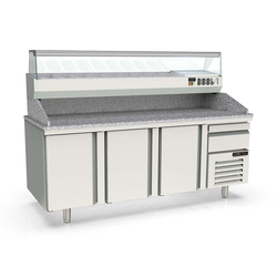 Vaiotec Topline Gastro-Pizzatisch, 3-fach mit Türen, EN 60x40, Schublade, Granitplatte grau, inkl. Gastro-Kühlaufsatz, GN 1/4, 2090 × 800 mm