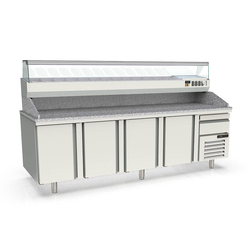 Vaiotec Topline Gastro-Pizzatisch, 4-fach mit Türen, EN 60x40, Schublade, Granitplatte grau, inkl. Gastro-Kühlaufsatz, GN 1/4, 2615 × 800 mm