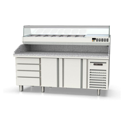 Vaiotec Topline Gastro-Pizzatisch, 3-fach mit 2 Türen, EN 60x40, Schubladenblock, Granitplatte grau, inkl. Gastro-Kühlaufsatz, GN 1/4, 2020 × 800 mm