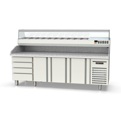 Vaiotec Topline Gastro-Pizzatisch, 4-fach mit 3 Türen, EN 60x40, Schubladenblock, Granitplatte grau, inkl. Gastro-Kühlaufsatz, GN 1/4, 2545 × 800 mm