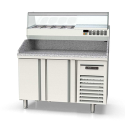 Vaiotec Topline Gastro-Pizzatisch, 2-fach mit Türen, Granitplatte grau, inkl. Gastro-Kühlaufsatz, GN 1/4, 1345 × 700 mm