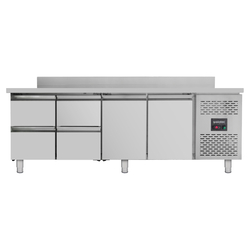 Vaiotec Gastro-Kühltisch, 2 Türen & 4 Schubladen inkl. Aufkantung – Monoblock, 2230 × 700 mm