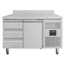 Vaiotec Gastro-Kühltisch, 1 Tür & 3 Schubladen links inkl. Aufkantung – Monoblock, 1360 × 700 mm