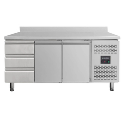 Vaiotec Gastro-Kühltisch, 2 Türen & 3 Schubladen links inkl. Aufkantung – Monoblock, 1795 × 700 mm