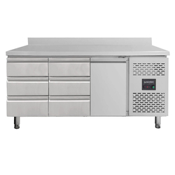 Vaiotec Gastro-Kühltisch, 1 Tür & 6 Schubladen links/mitte inkl. Aufkantung – Monoblock, 1795 × 700 mm
