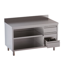 Vaiotec Topline Gastro-Arbeitsschrank, offen, mit 3 Schubladen rechts, Aufkantung, 1000 × 700 mm