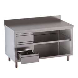 Vaiotec Topline Gastro-Arbeitsschrank, offen, mit 3 Schubladen links, Aufkantung, 1500 × 600 mm