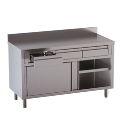 Vaiotec Topline Gastro-Arbeitsschrank, 2 Schiebetüren, 4 Schubladen oben, Aufkantung, 1800 × 700 mm