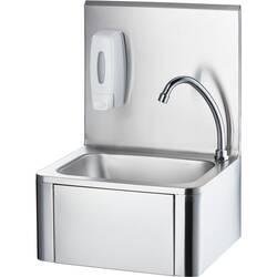 Stalgast Edelstahl Handwaschbecken mit Kniebedienung, inkl. Armatur und Seifenspender, Wandmontage, 400 mm x 330 mm x 570 mm (BxTxH)