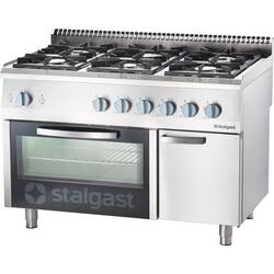 Stalgast Edelstahl Gasherd mit 6 Brennern (3,5+2x5+2x7+9), Gas-Backofen GN2/1 und Unterschrank, Serie 700 ND