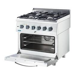 Stalgast Edelstahl Gasherd Basic mit 4 Brennern (2x3,5 +2x5) und Elektro-Umluft-Backofen  GN 2/1, Serie 700 ND